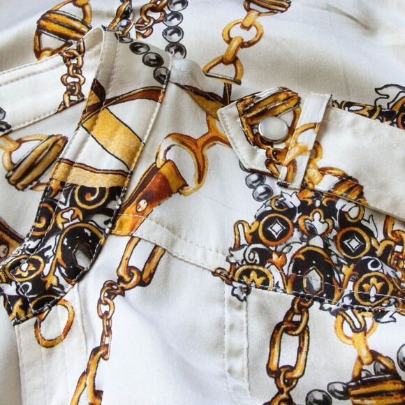 Cache Vgt Y2K 90s Button Up Equestrian Scarf Western Silk Shirt V-Neck Size M - Picture 9 of 9